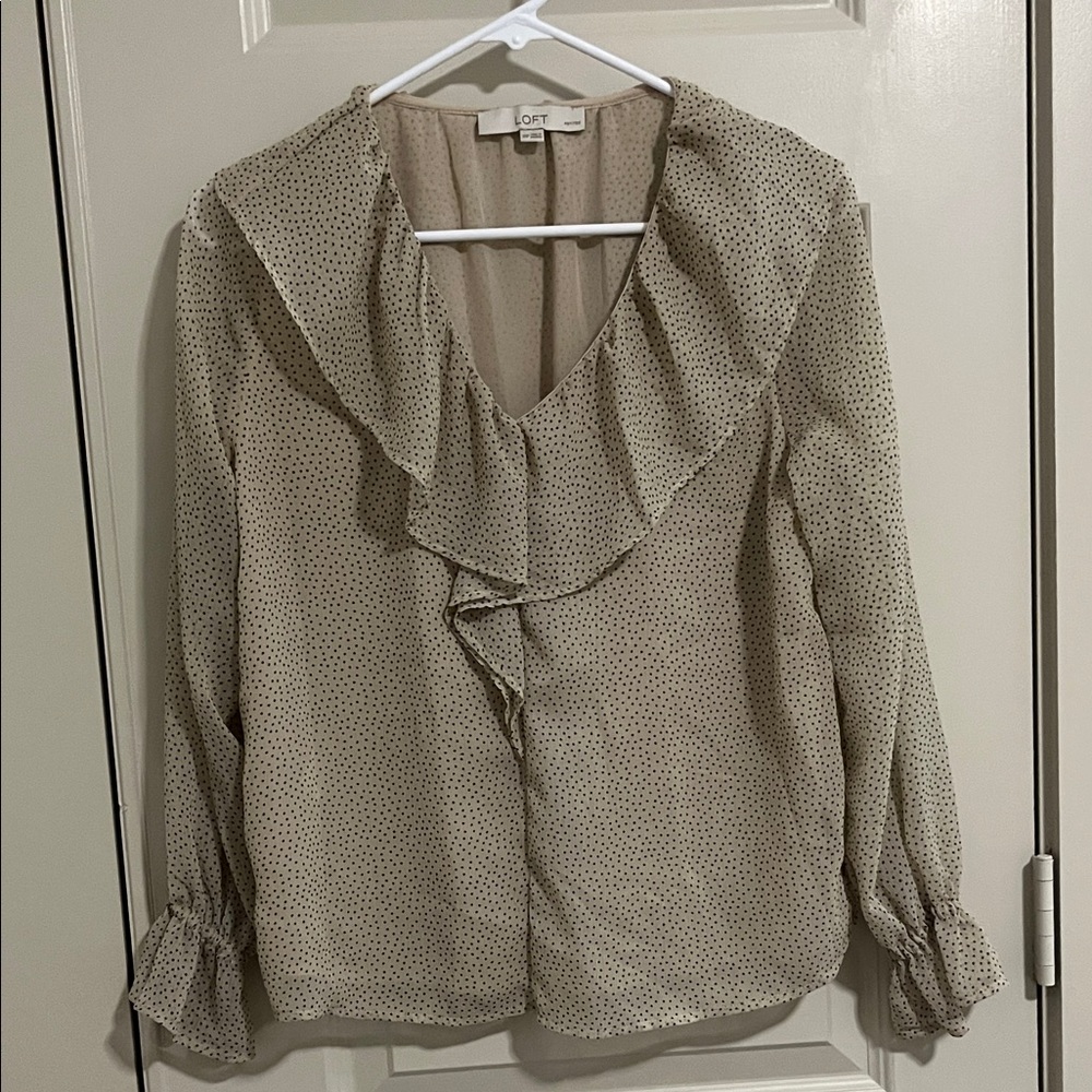 LOFT Women's Beige Polka Dot Ruffle Blouse